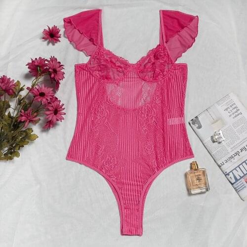 2021 New Arrival Sexy Women Lingerie Floral Lace V Neck Ruffle Sleeve Backless Semi-Sheer One Piece Mini Bodysuit