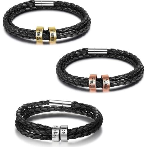 Personalized Braided Leather Bracelets with 2 Custom Beads Engraving Names Black ID Bracelets for Boyfriend Men Gift