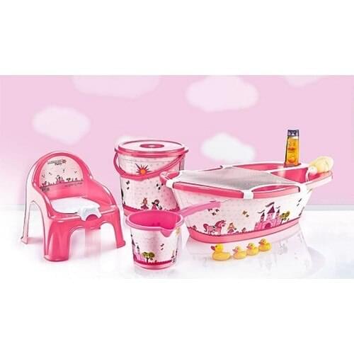Pink Princess Patterned 5'li Bathtub Set