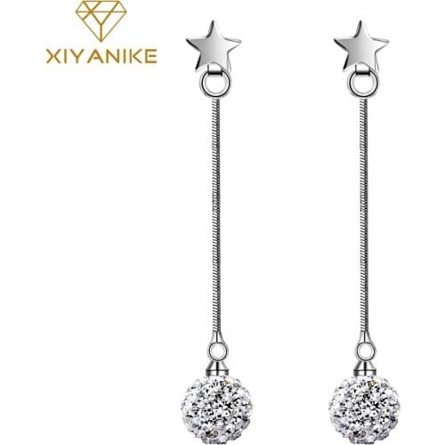 XIYANIKE 925 Sterling Silver Hot Fashion Long Pearl Crystal Drop Earrings Pentagram Ear Line Wedding Jewelry Foe Women