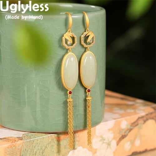 Uglyless Multi Chains Tassels Ethnic Dress Earrings for Women Vintage Gold Bamboo Leaves Earrings Nature Jade Brincos 925 Silver