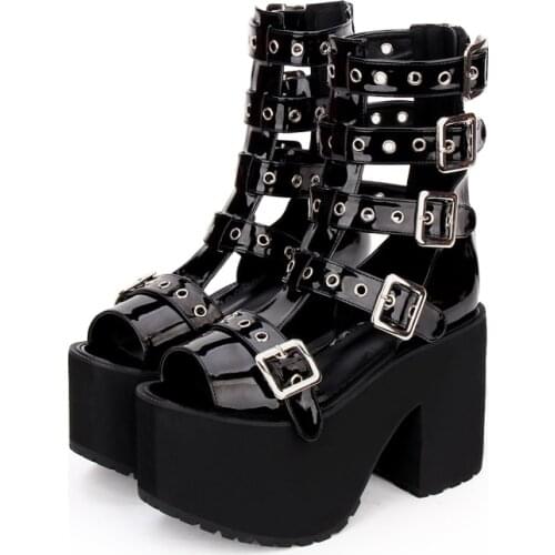 Japan Harajuku Gothic Punk Peep Toe Gladiator Sandal Boots for Women