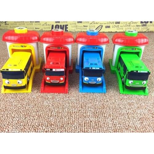[Funny] 4pcs/set Scale model Tayo the little bus children miniature bus baby oyuncak garage tayo bus Ejection impact car vehicle
