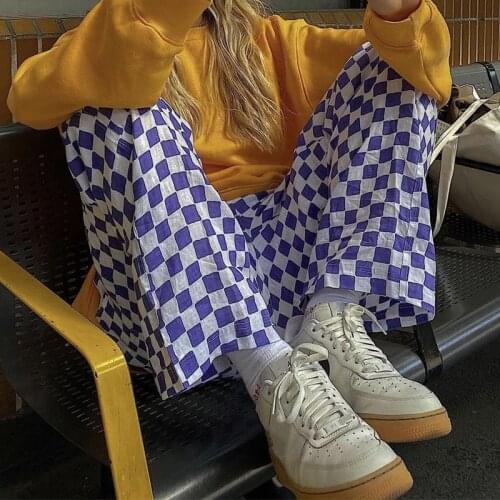 Y2k Trousers Female Fashion High Waist Plaid Printed Wild Casual Full Length Straight Leg Lounge Pants 2021 Purple White