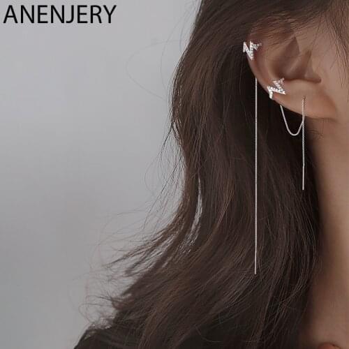 ANENJERY 1 Piece Sterling Silver Heartbeat Clip Earline For Women Temperament Niche Design Long Chain Earrings S-E1444