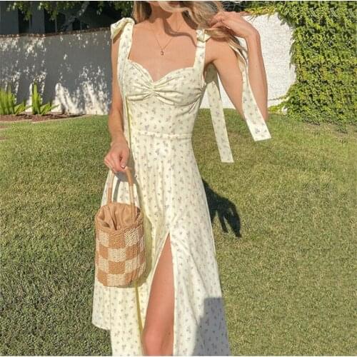 OIMG French Style Lady Floral Dress V Neck Sling Lace Halter High Split Sexy Tank Sundress Fairycore Robe Dropshipping 10267