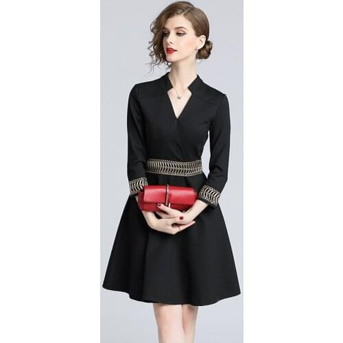 Women dress autumn designer elegant vestidos slim bodycon casual party runway v-neck black mini A-line office work dress
