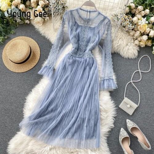 Young Gee Sexy Sheer Mesh Dresses Women Vintage Lace Flower Party Female Sweet Rhinestone Tassel Trunic Pleated Dress Vestidos