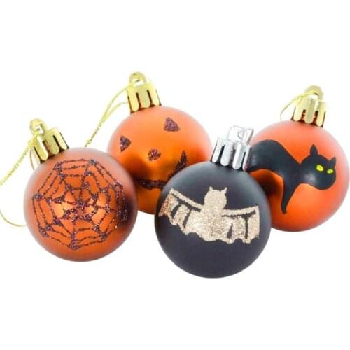 12Pcs Hanging Balls Cobweb Bat Cats Print Matte Round Balls Halloween Party Hanging Ornament Accessories