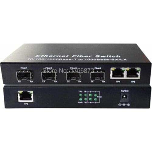 2pcs/lot sfp 4xfiber+ 3xRJ45 Unmanaged 10/100/1000Mbps Megabit Ethernet Fiber Switch Without optical modules