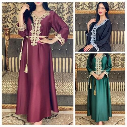 AB029 Dress To The Floor Green Black Red Abaya Woman Muslim Set Female Jalabiya Dubai Evening Dress With Girdle Elegant Gilding