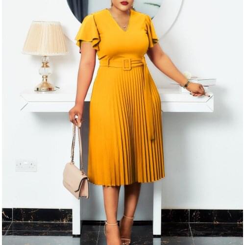 African Fashion Women Dresses Office Style Short Sleeve High Waisted Pleated Elegant Business Work Wear Vestidos Dress Midi New