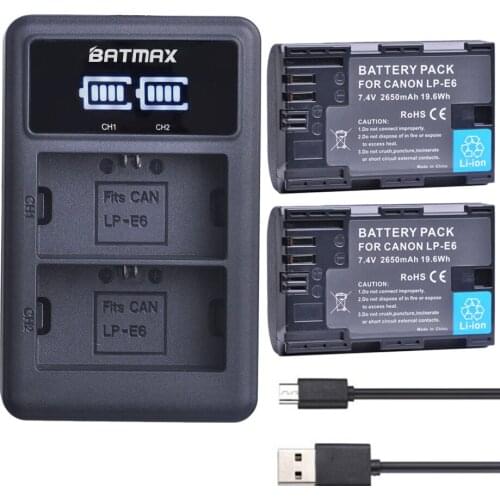 2Pcs 2650mah LP-E6N LPE6 LP-E6 Battery+LED Dual USB Charger For Canon EOS 5DS R 5D Mark II 5D Mark III 6D 7D 80D EOS R R5 R6 RP