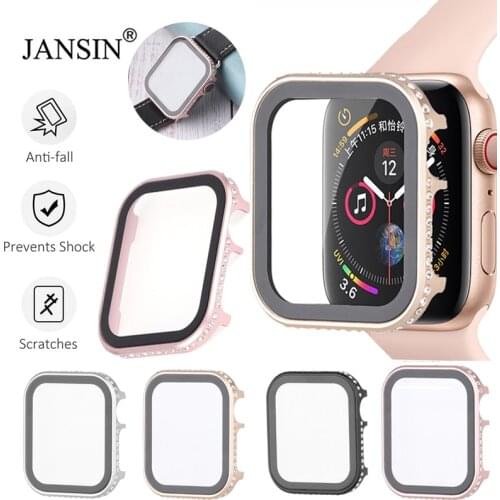 Diamond Cover+Glass Film For Apple Watch Case 42mm 38mm Screen Protector Aluminum Bumper For Apple Watch 44mm 40mm SE 6 5 4 3 2