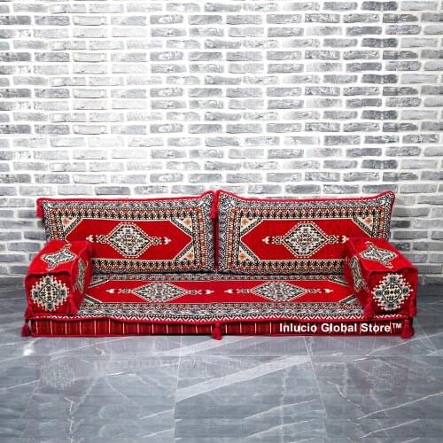 Arabic Majlis Sofa Floor Seating Set Traditional Design Lounge Ottoman Couch Rug Jalsa Red Pillow Cushion Mesopotamian Corner