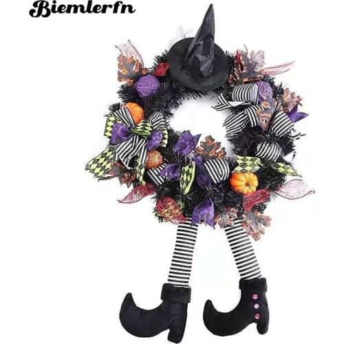 BIEMLERFN New Halloween Wreath Door Hanging Decor Pumpkin Witch Hat Leg Wreath for Party Gift Home Halloween Decoration