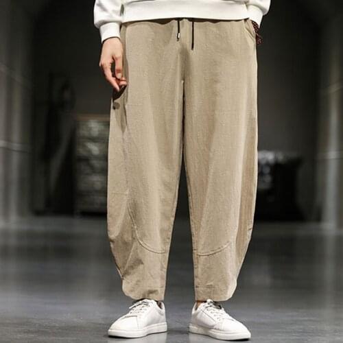 Mens Casual Fashion Loose High Quality Mens Hip Hop Cotton Linen Pants Drawstring Waist Pocket Loose Pencil Pants Casual Hare