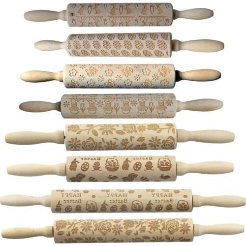 Wooden Easter Bunny Radish Flower Painted Egg Rolling Pin Wood Embossed Rolling Pin Cookie Rolling Stick Texture Roller