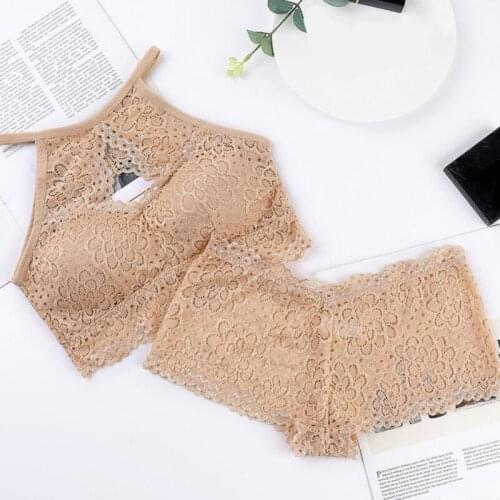 Women Lace Hollow Bra Set Solid Color Halter Beauty Back Knitted Anti-light Wire Free Padded Bralette Underwear For Female 2021