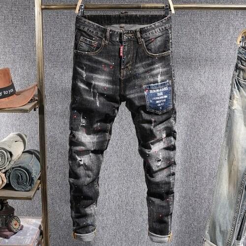 European American Street Fashion Men Jeans Patch Pocket Designer Elastic Slim Ripped Jeans Men Paint Hip Hop Denim Pencil Pants