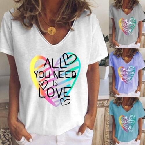 Letter Heart Printed Short Sleeve Tee Tshirt Women Summer V Neck Loose Casual Shirt Tops Plus Size Beach Clothes