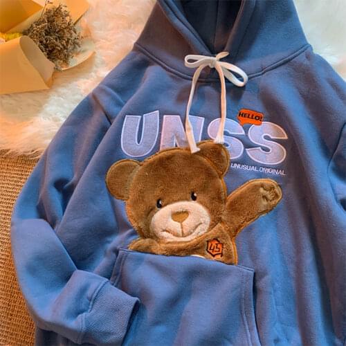 Cotton Cute Plush Cartoon Bear Hooded Men Women Ins Loose Autumn Winter Hoodies Women