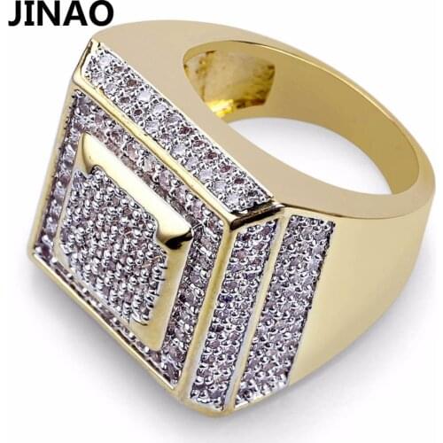 JINAO Gold Color Plated Copper Hip Hop Iced Out Bling Jewelry Ring Micro Pave CZ Stone Rings With 7,8,9,10 Five Sizes For Men