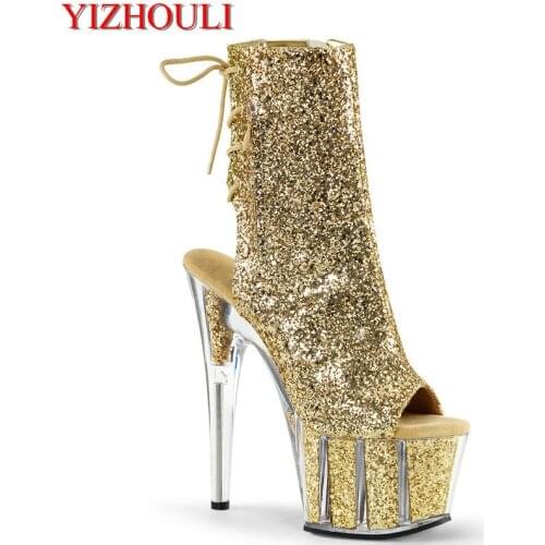 15cm stiletto heels, bridal wedding party boots, stylish round - toed sequined upper stage ankle boots