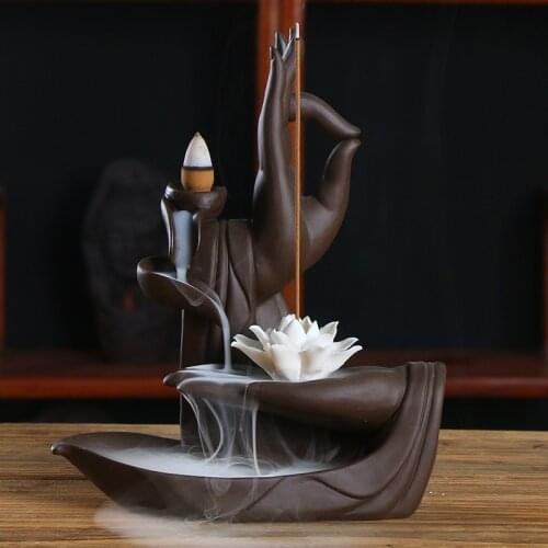 Ceramic Elegant Buddha Hand Lotus Incense Burner Zen Home Decor Backflow Incense Burner with 20 Pcs Incense Cone