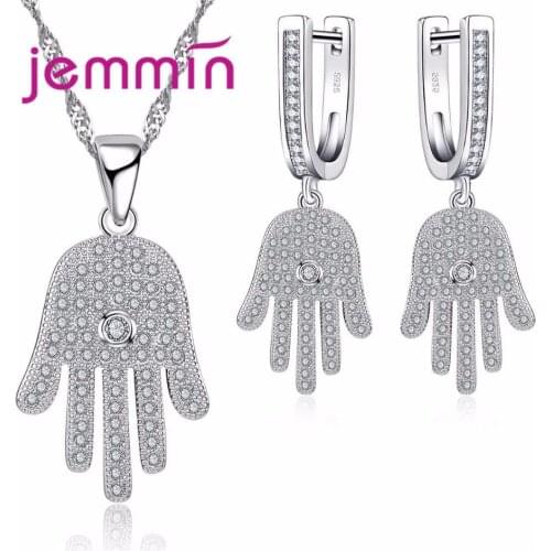 Exquistie Fine 925 Sterling Silver Palm Hamsa Rhinestone Necklace And Earrings Jewelry Set For Women Gift Party Bijoux