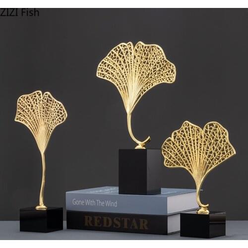 Creative Hollow Metal Ginkgo Leaf Figurines Living Room Office Furnishings Simulation Plant Crafts Modern Home Decor Accessories