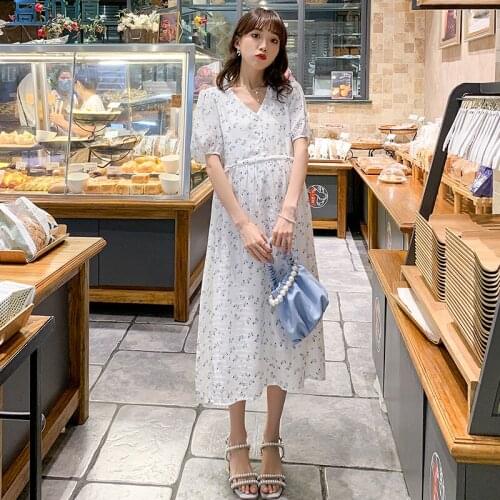 Summer Korean Fashion Floral Printed Cotton Linen Maternity Long Dresses Elegant A Line Clothes for Pregnant Women Slim