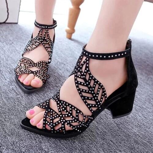 Sandalias de verano con tacón grueso y cremallera para mujer, zapatos de piel sintética con diamantes de imitación y cremallera