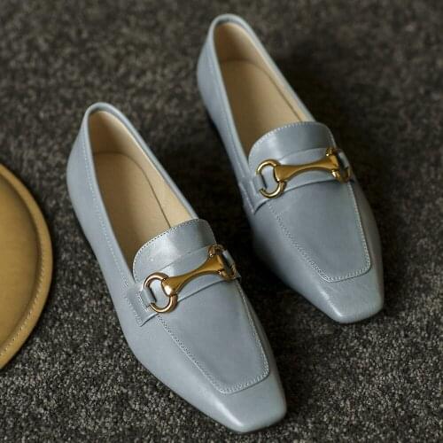 Womens genuine leather slip-on flats loafers metal buckle square toe casual moccasins daily pregnant shoes leisure shoes women