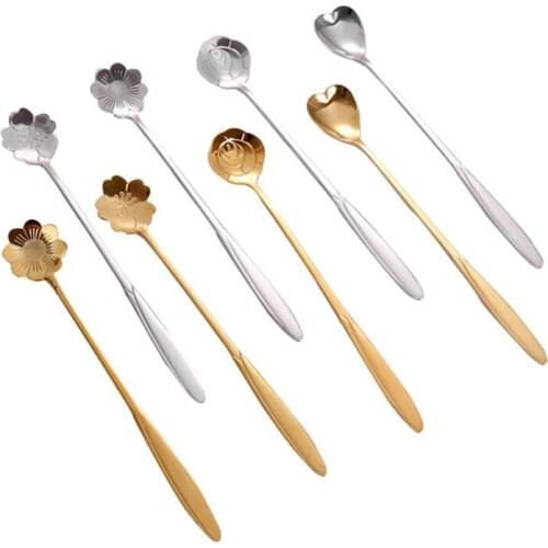 16Pcs Tea Coffee Mixing Spoon Long Handle Dessert Spoon Stainless Steel Vintage Teaspoons Drink Tableware Flowers Design-ABUX