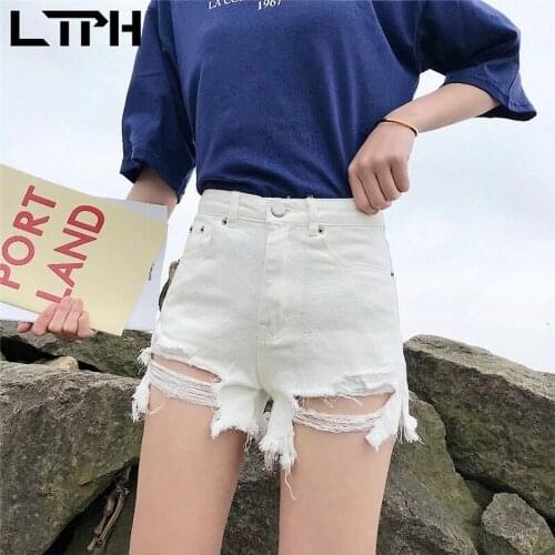 LTPH burrs denim shorts vintage do old high waist bottoms sexy package hip Hole jeans short pants 2021 autumn new