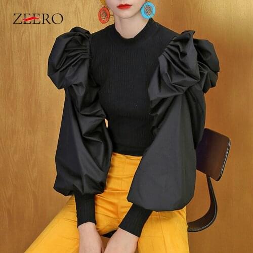 Fashion 2019 Autumn Slim Patchwork Knitting Women Sweaters Green O Neck Puff Sleeve Ruched Streetwear Female Sweater Pullover