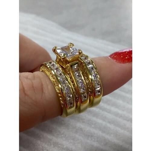 Handmade 925 silver & 14KT gold ring set Luxury 20CT 7*7mm Princess-cut Diamond Cocktail Wedding Rings For Women 3-in-1 gift