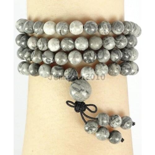 Natural Landscape 6mm Gems Stone Buddhist 108 Beads Prayer Mala Multi-Purpose Stretchy Bracelet 5Strands/Pack