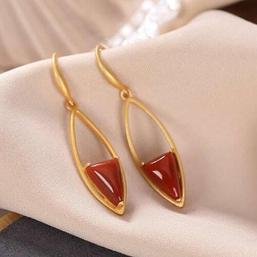 New Arrival S925 Silver Earrings Red Agate Oval Long Dangle Earrings Stamp S925