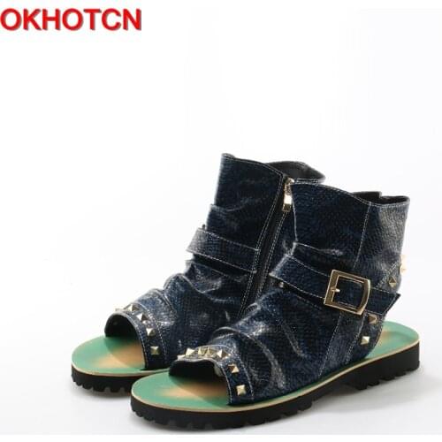 OKHOTCN Fashion Men Sandals Snake Leather shoes Mixed Colors Rivets Studded Summer Ankle men Boots Open Toe Beach Flat Slipper