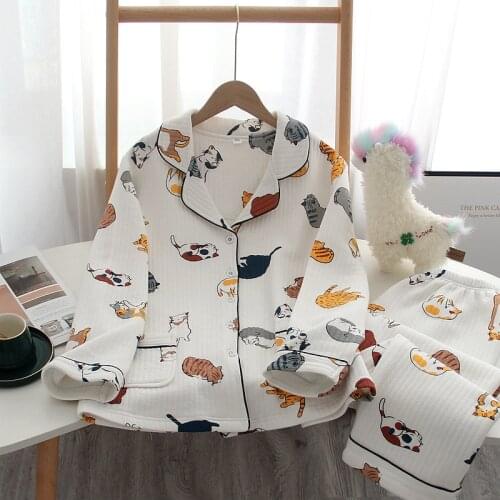 Winter Three-layer Air Cotton Thicken Cat Printed Pajamas Sets Women Sleepwear Cute Cartoon Long Sleeve Pyjamas Home Night Suits