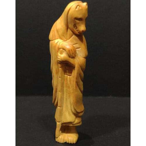 Y7464 - 2" Hand Carved Japanese Boxwood Netsuke : Fox Cat in Kimonbo