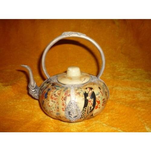 Wonderful Old Qing Dynasty silver&porcelain teapot,melon type,painting beauty, with mark, Free shipping