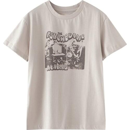 PUWD Vintage Women Chic Print White T-Shirts 2021 Summer Fashion Ladies O Neck Short Sleeve Tops Sweet Girls Casual Tees