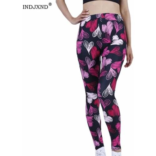 INDJXND High Waist Push Up Fitness Leggings Sports Women Workout Running Pants Breathable Colorful Love Printed Solid Bottom