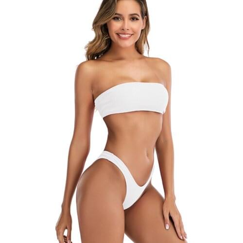 Women Sexy Strapless Ribbed High Cut Bandeau Bikini Set