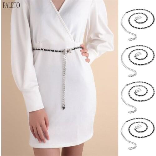 Faleto Women Thin Chain Waist Belt Metal Skinny Dress Belt Cinch Fashion Silver Golden Waist Belt Belly Pu Leather Waistbands