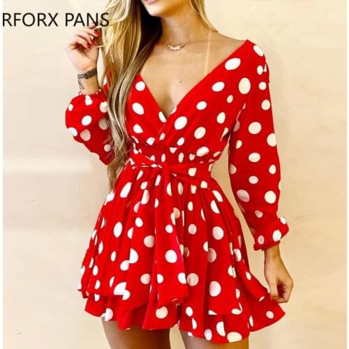 Women V-Neck Polka Dot Casual Long Sleeves Dress Summer Dress Elegant Dress