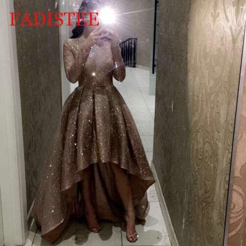 Champagne Sequins Prom Dresses long sleeves Formal Autumn Evening Party Gowns Vestido De Festa O-neck robes de Cocktail High-Low